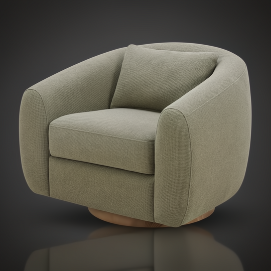Surya Loma grass green upholstered swivel chair with a brown ash wood base and pillow.