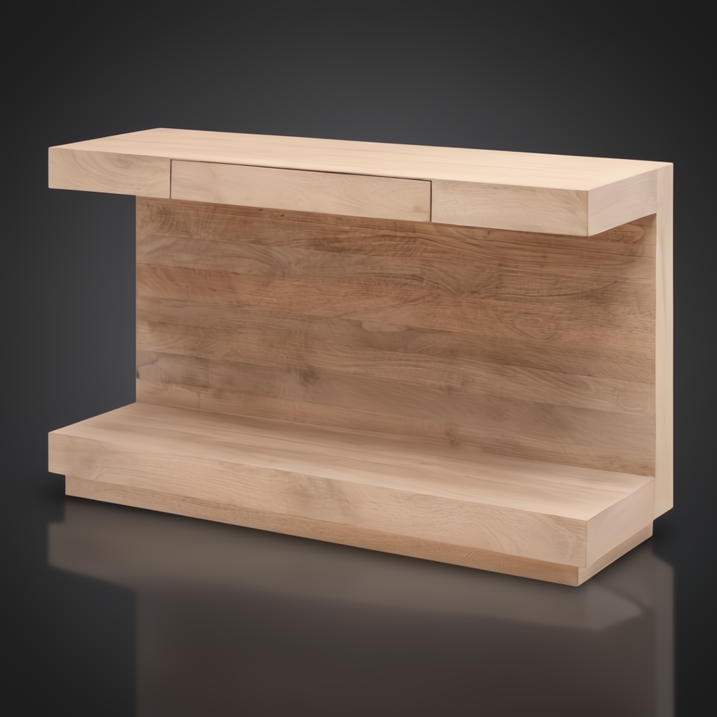 Surya Coburn minimalist modern console table in natural lacquered mango wood with a soft-close drawer and plinth base.