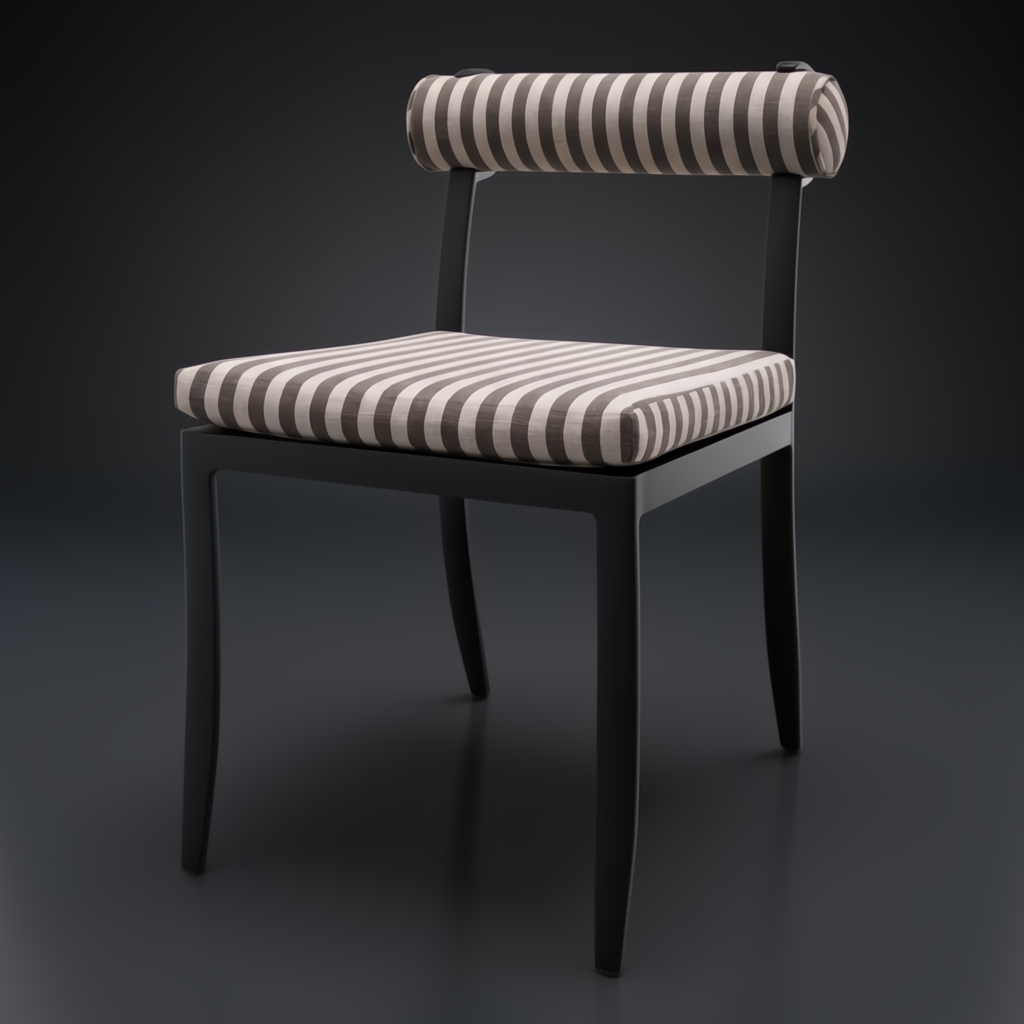 Surya Antibes outdoor dining chair with black powder-coated aluminum base and striped Sunbrella cushions.