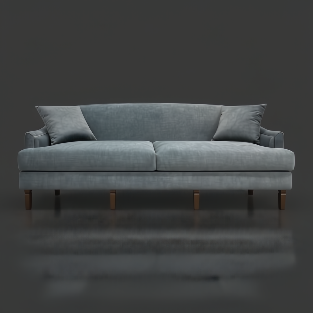 Surya Maywood traditional teal polyester sofa with dark brown rubber wood legs.