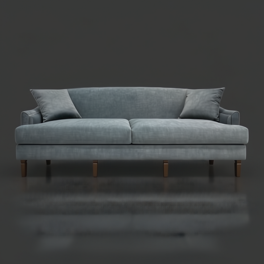 Surya Maywood traditional teal polyester sofa with dark brown rubber wood legs.