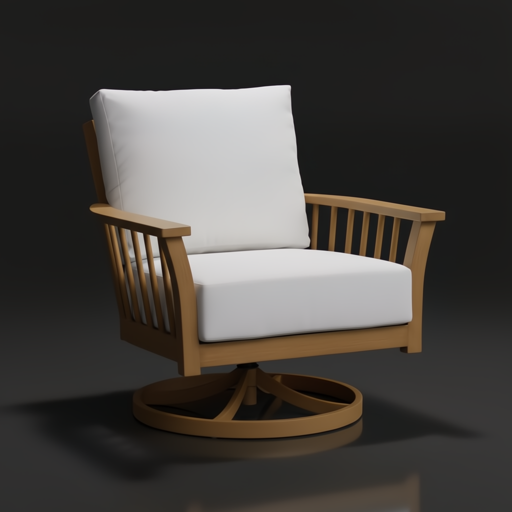 Surya Cape Town outdoor swivel chair with wheat aluminum base and white Sunbrella cushions.