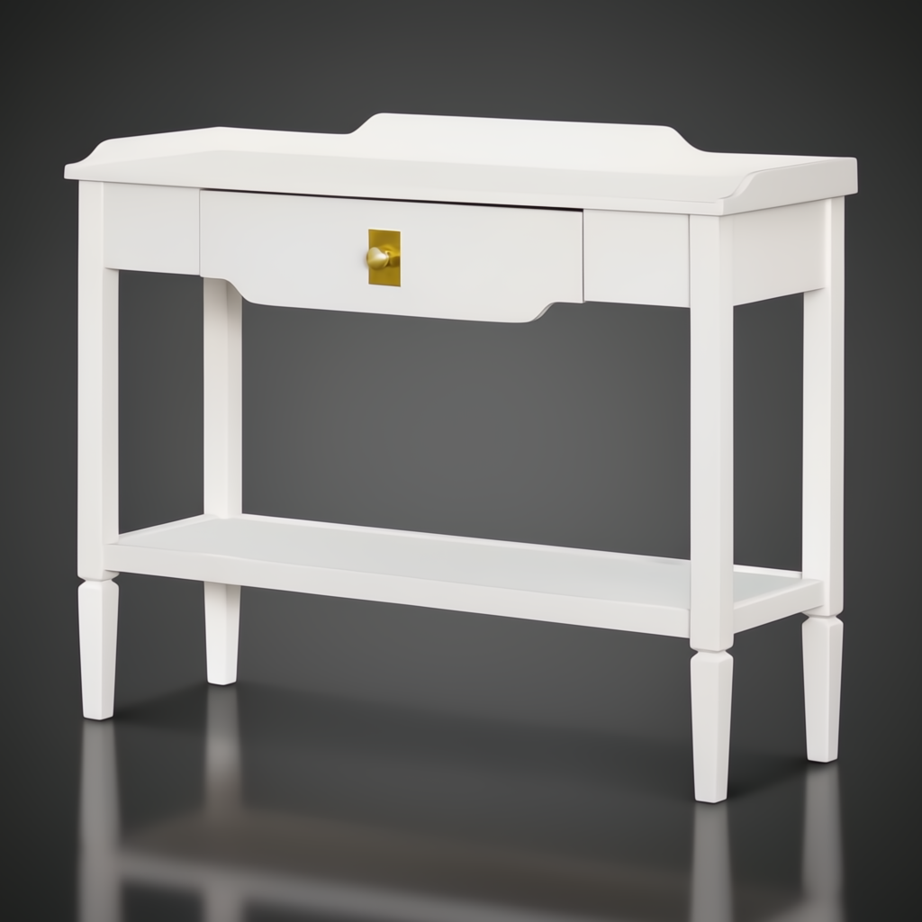 White Surya Doheny console table with a soft-close drawer, brass knob, gallery top, and shallow tray shelf.