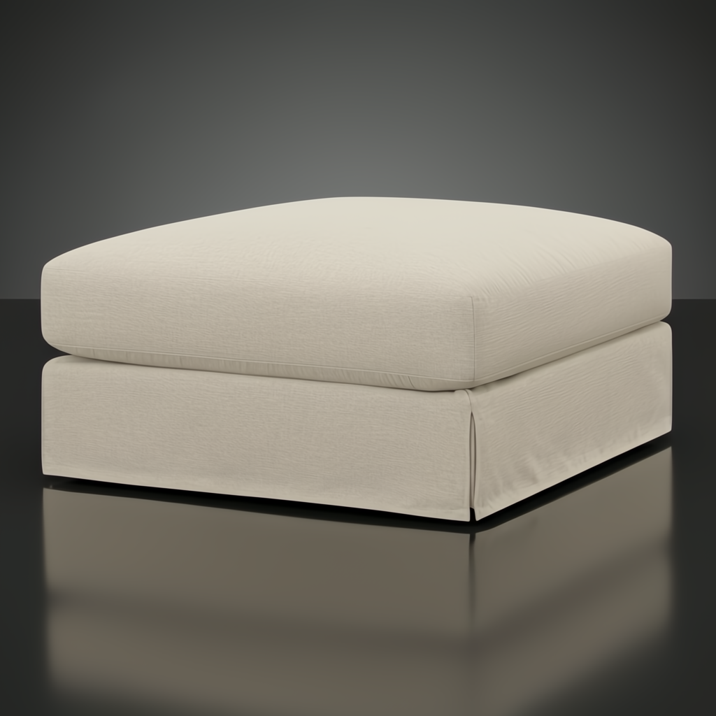 Surya Elenora taupe upholstered square ottoman with a soft cushion and skirted base.