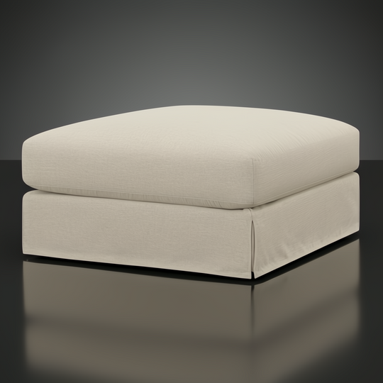 Surya Elenora taupe upholstered square ottoman with a soft cushion and skirted base.