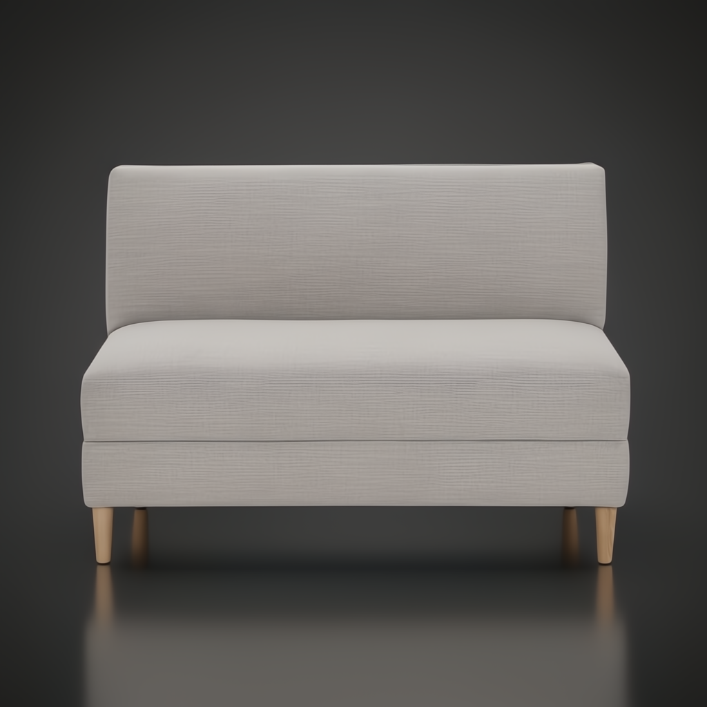 Light gray upholstered Stinson banquette bench with natural ash wood legs.