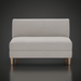 Light gray upholstered Stinson banquette bench with natural ash wood legs.
