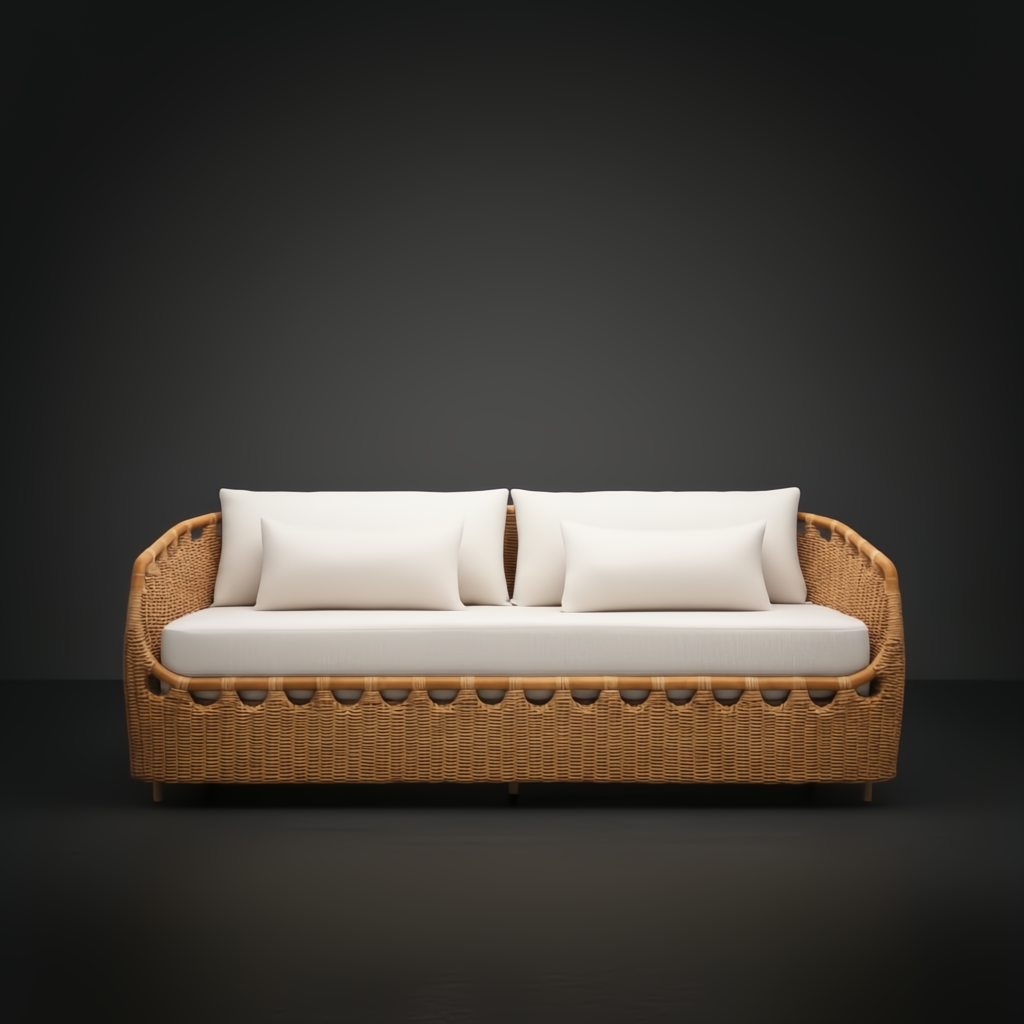 Marvella outdoor sofa with light brown wicker frame and cream cushions.