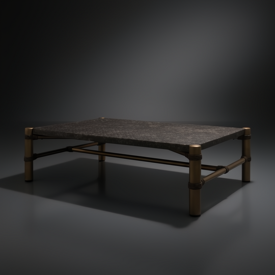 Surya Porta outdoor coffee table with charcoal matte stone top, brown hand-painted aluminum base, and PE rope detail.