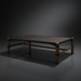 Surya Porta outdoor coffee table with charcoal matte stone top, brown hand-painted aluminum base, and PE rope detail.