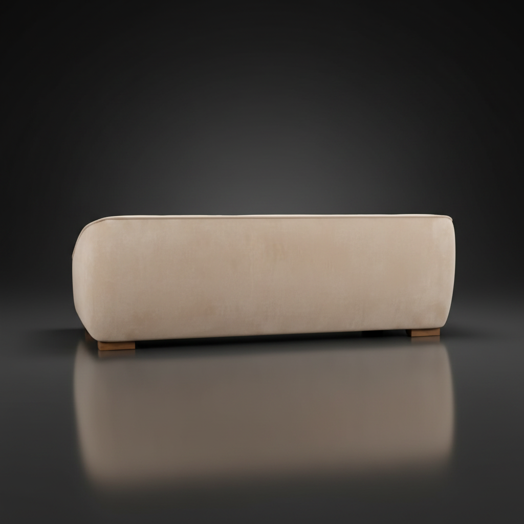 Back view of a spacious beige polyester sofa with low wooden feet, 93" wide.