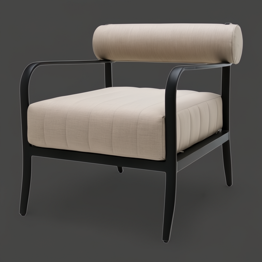 Surya Antibes outdoor accent chair with beige Sunbrella fabric, quick-dry foam, and black aluminum frame.