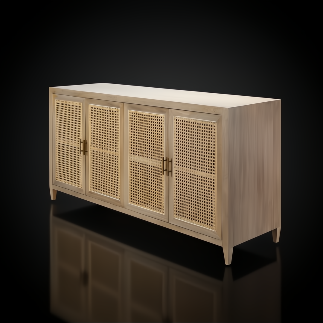 Modern Surya Etewah sideboard with light brown mango wood and tan rattan doors, featuring four gold handles.