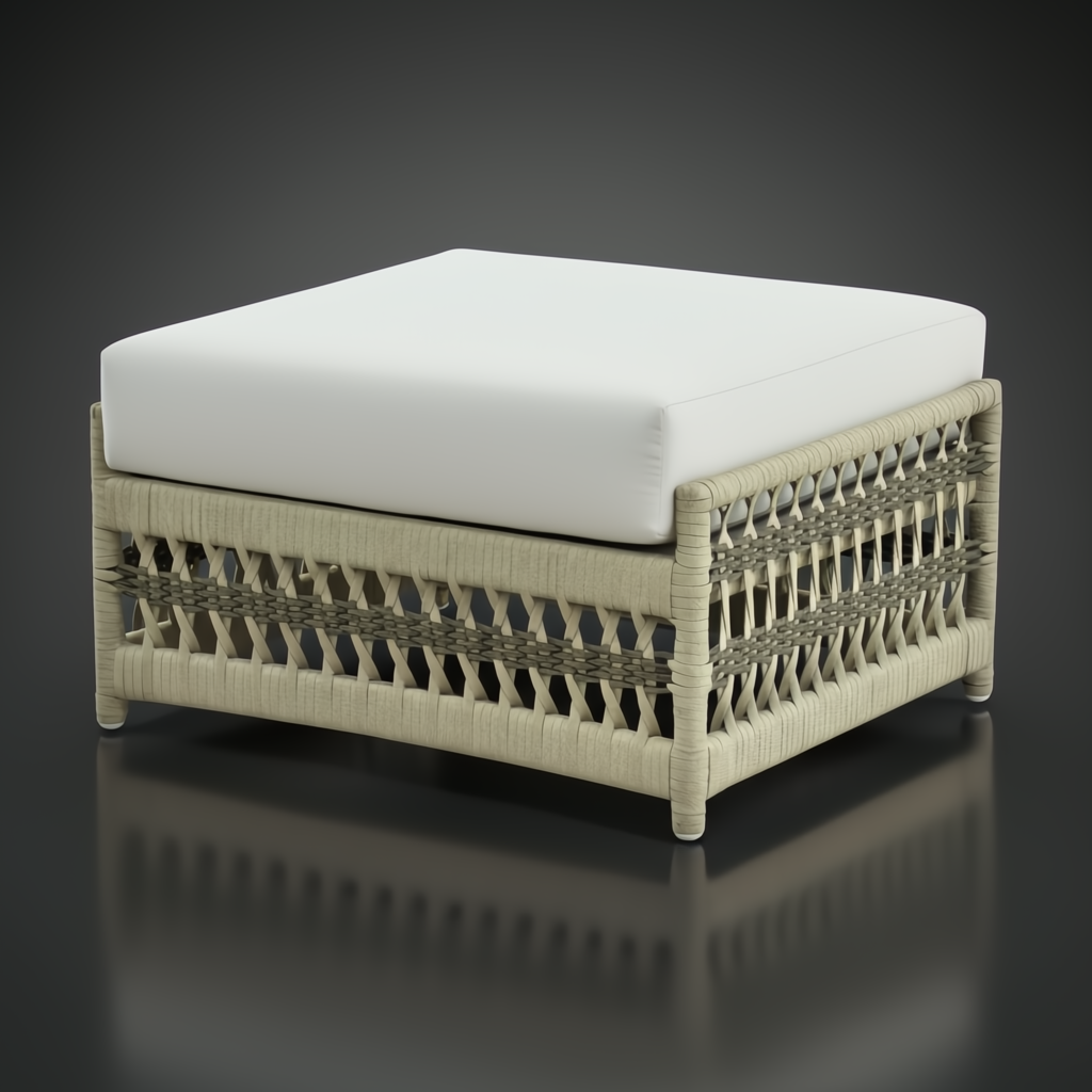 Cream Surya Winder outdoor ottoman with a cushioned Sunbrella® top and woven aluminum base.