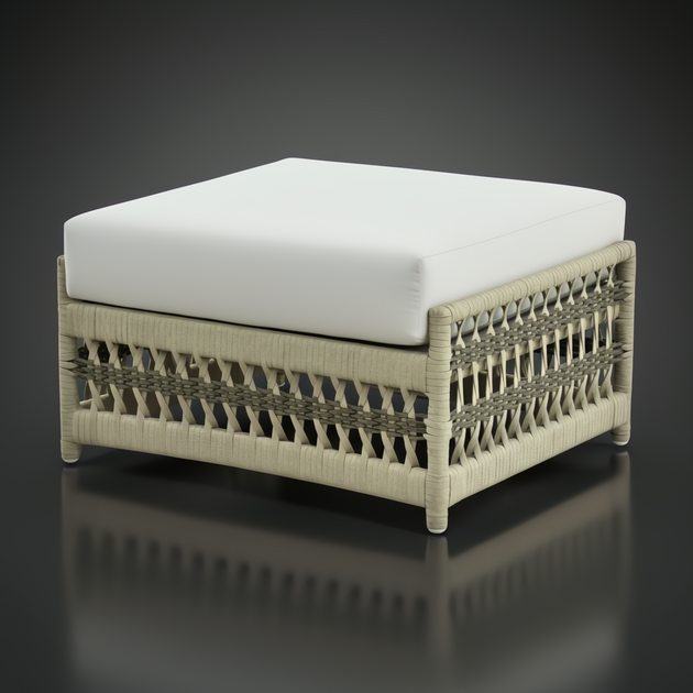 Cream Surya Winder outdoor ottoman with a cushioned Sunbrella® top and woven aluminum base.