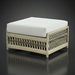 Cream Surya Winder outdoor ottoman with a cushioned Sunbrella® top and woven aluminum base.