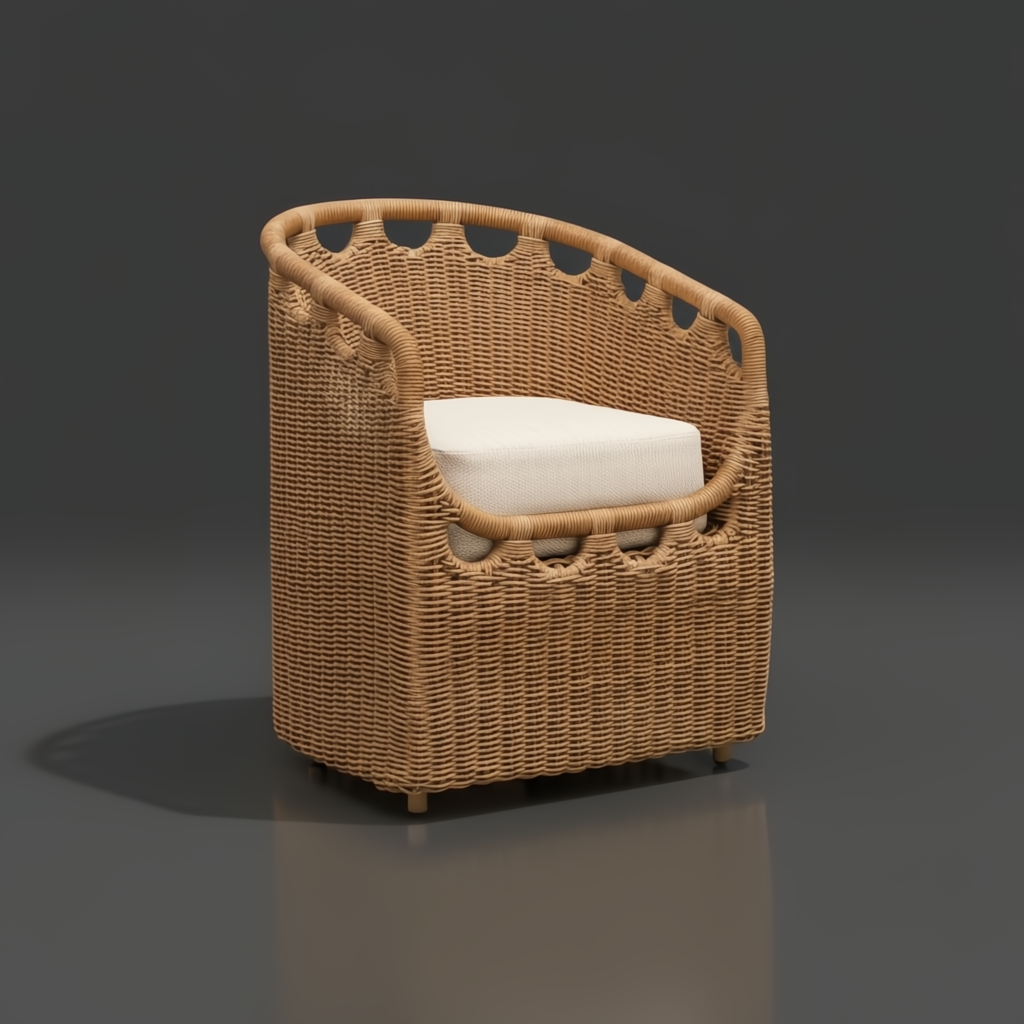 Surya Marvella indoor/outdoor dining chair with natural wicker-look weave and light cushion.
