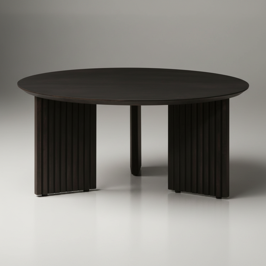 Blackened mango wood Surya Agnes coffee table with a round top and zigzag fluted legs.
