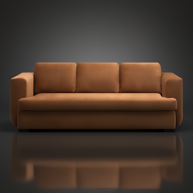 Surya Cahill modern camel polyester sofa with charcoal rubber wood base.