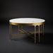 Surya Engel round coffee table with white marble top and metallic brass iron base.