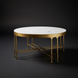 Surya Engel round coffee table with white marble top and metallic brass iron base.