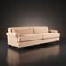 Surya Elowena sofa with light beige polyester cover, rolled arms, and dark brown wood legs.