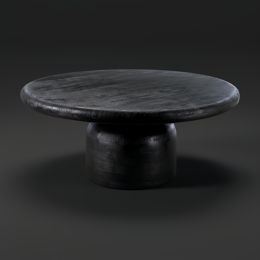 Black sandblasted mango wood Koben coffee table with a round top and turned base, showcasing exposed wood grain.