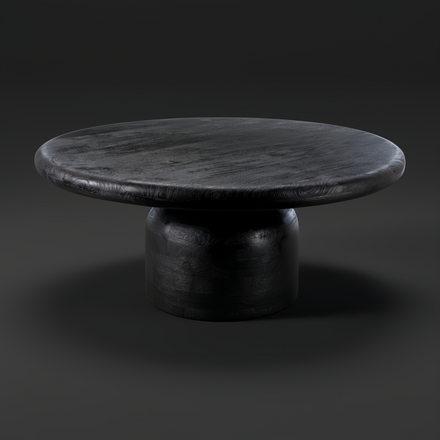 Black sandblasted mango wood Koben coffee table with a round top and turned base, showcasing exposed wood grain.