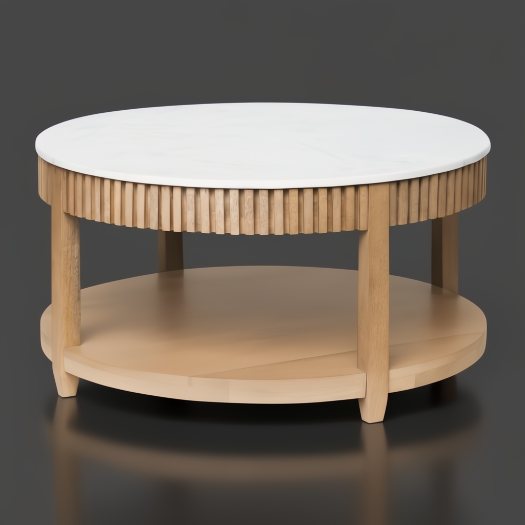 Surya Rosemary 32" round coffee table with white marble top and natural fluted mango wood base.
