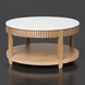 Surya Rosemary 32" round coffee table with white marble top and natural fluted mango wood base.