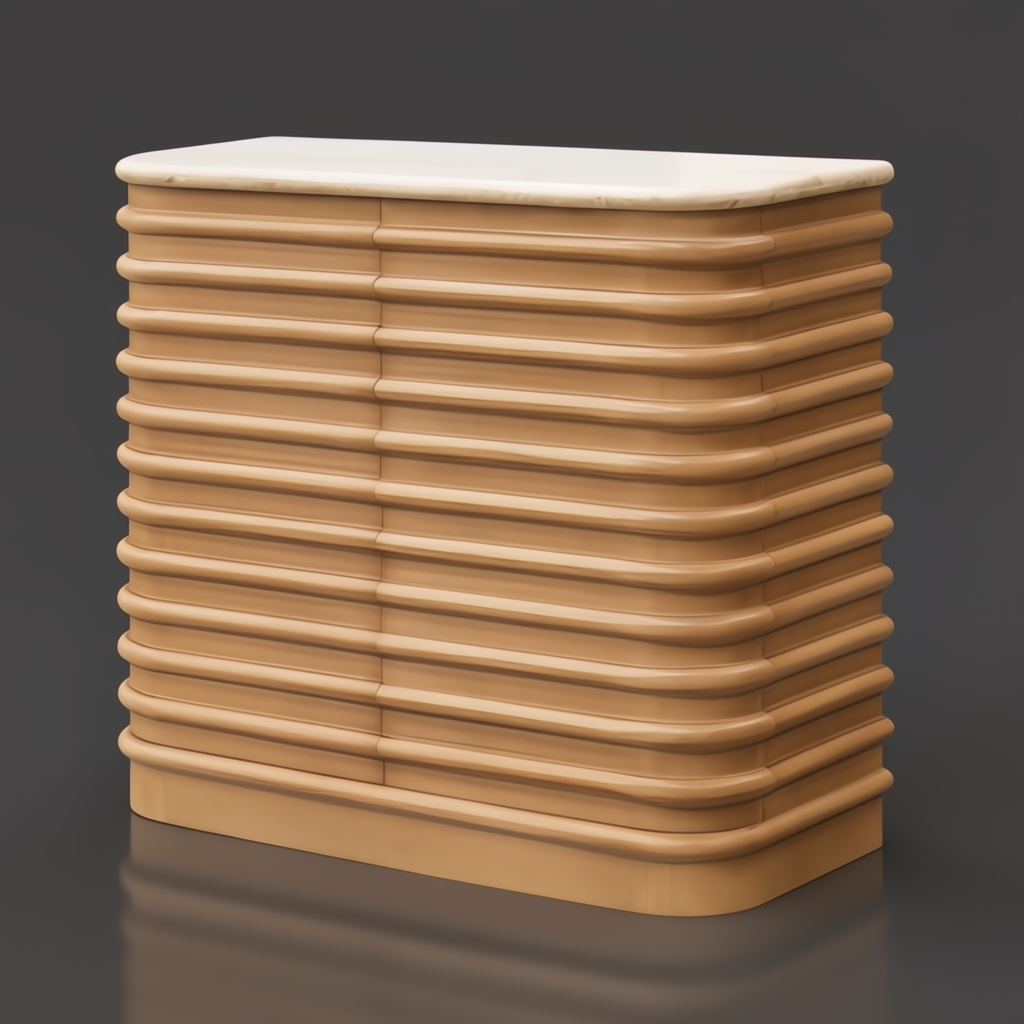 Beige polished marble top Surya Redondo cabinet with lacquered mango wood base and minimalist modern design.