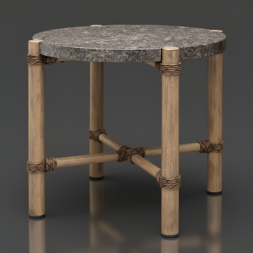 Round Surya Porta End Table with dark brown matte stone top, brown aluminum base, and PE rope detail.