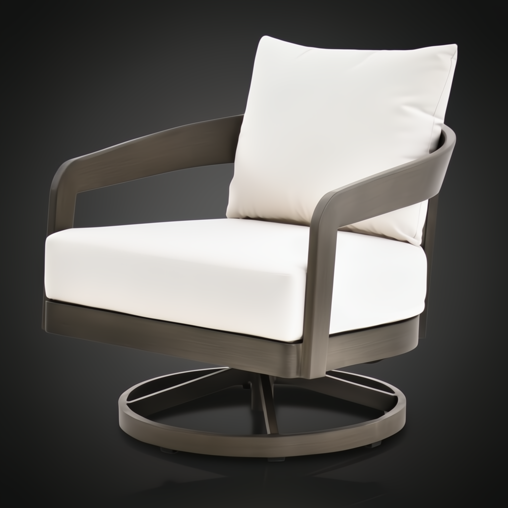 Surya Daniella outdoor swivel chair with white Sunbrella cushions and a gray hand-painted aluminum base.