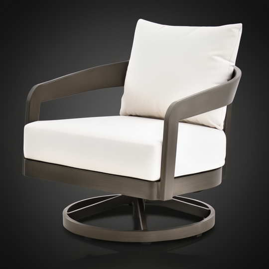 Surya Daniella outdoor swivel chair with white Sunbrella cushions and a gray hand-painted aluminum base.