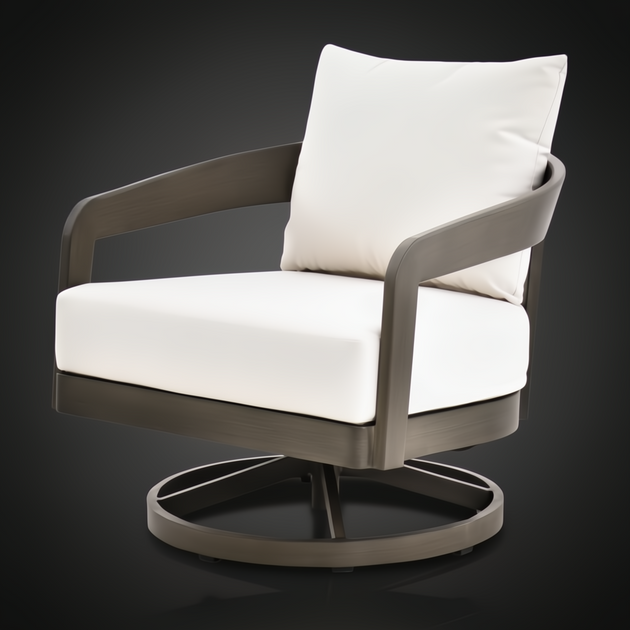Surya Daniella outdoor swivel chair with white Sunbrella cushions and a gray hand-painted aluminum base.