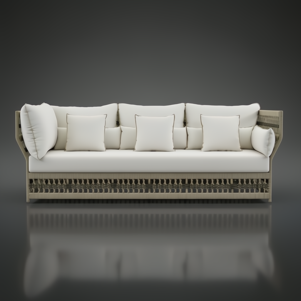 Cream Winder Sectional with Sunbrella upholstery, quick-dry foam, and handwoven PE rope detail.