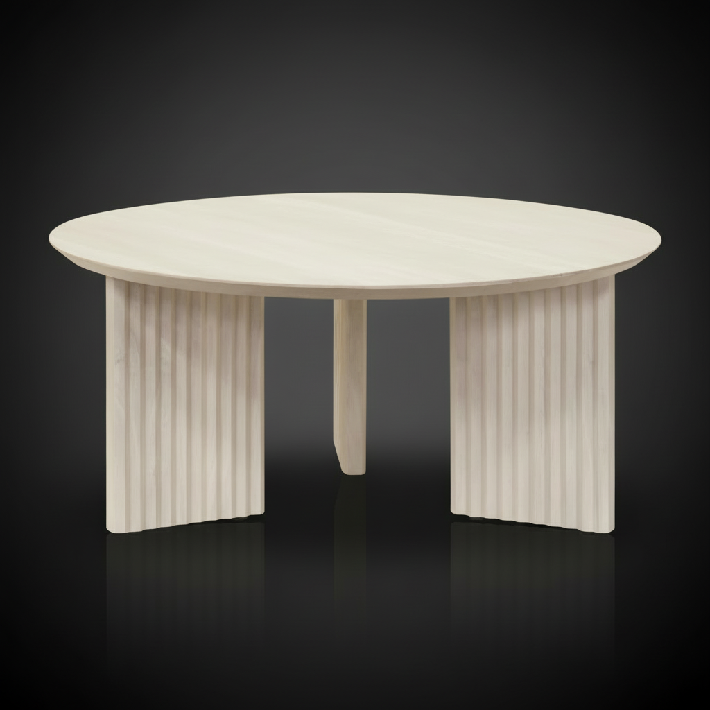 Surya Agnes round coffee table, white washed mango wood, with fluted legs.