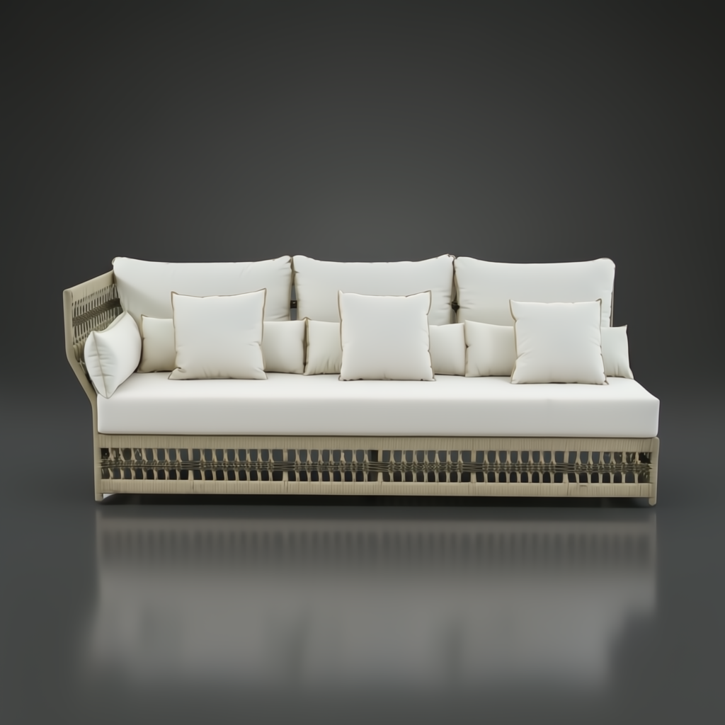 Surya Winder Sectional Left Arm sofa in cream with Sunbrella upholstery and aluminum frame.