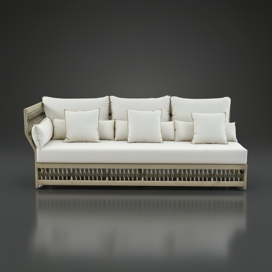 Surya Winder Sectional Left Arm sofa in cream with Sunbrella upholstery and aluminum frame.