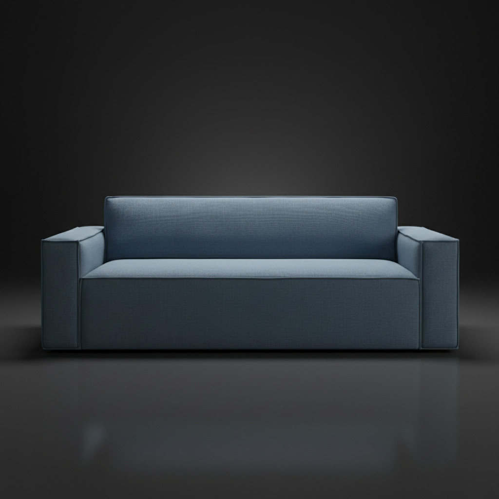 Surya Aira contemporary sofa with navy polyester upholstery and a brown rubber wood base.