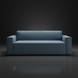 Surya Aira contemporary sofa with navy polyester upholstery and a brown rubber wood base.