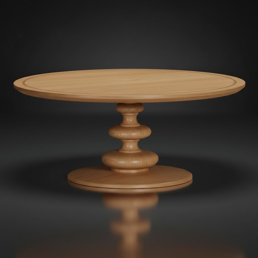 Surya Adour coffee table with a round brown wood top and a sculptural, turned oak base.