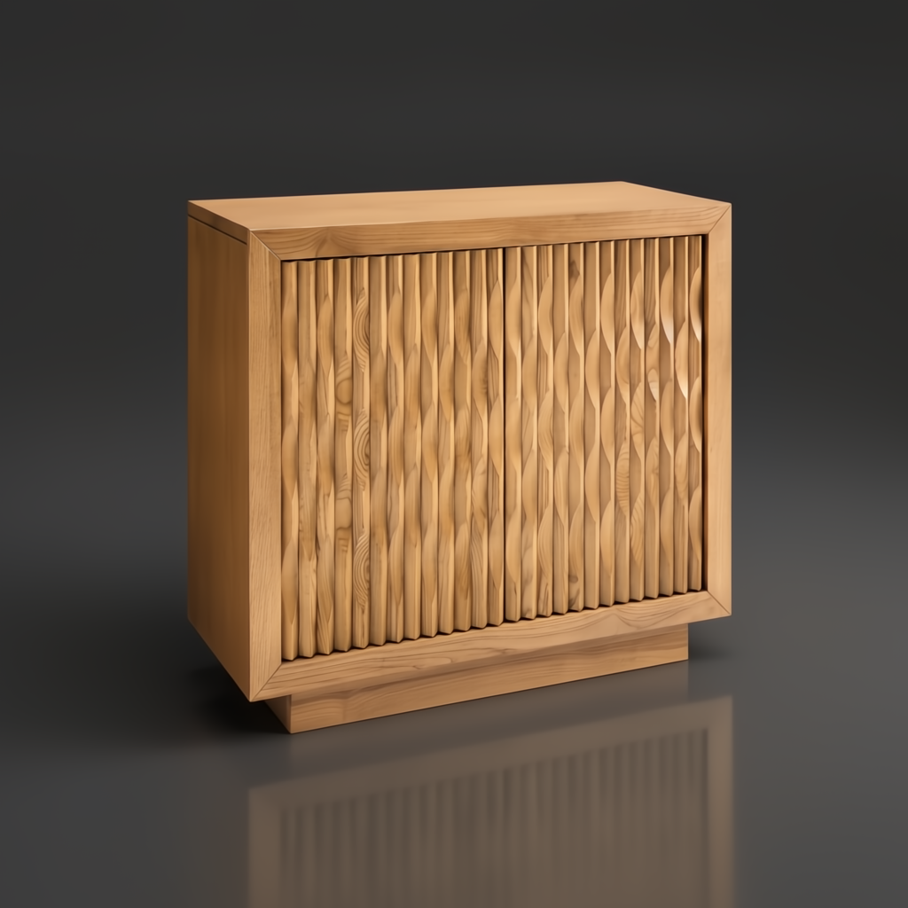 Beige natural ash wood veneer cabinet with textured 3D patterned doors, 32"H x 36"W x 16"D.