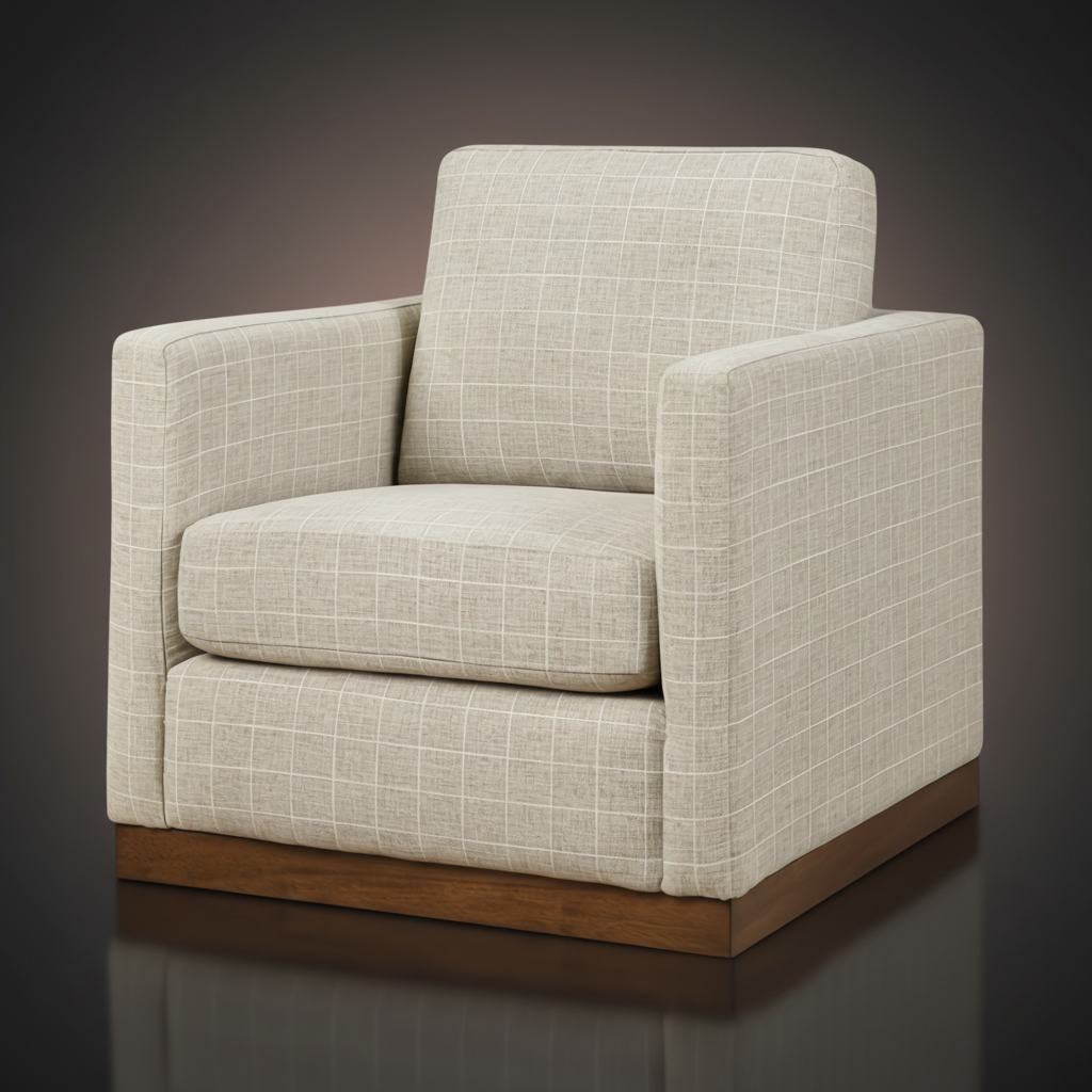 Surya Glendon swivel chair with light brown grid-patterned upholstery and a dark brown wood base.