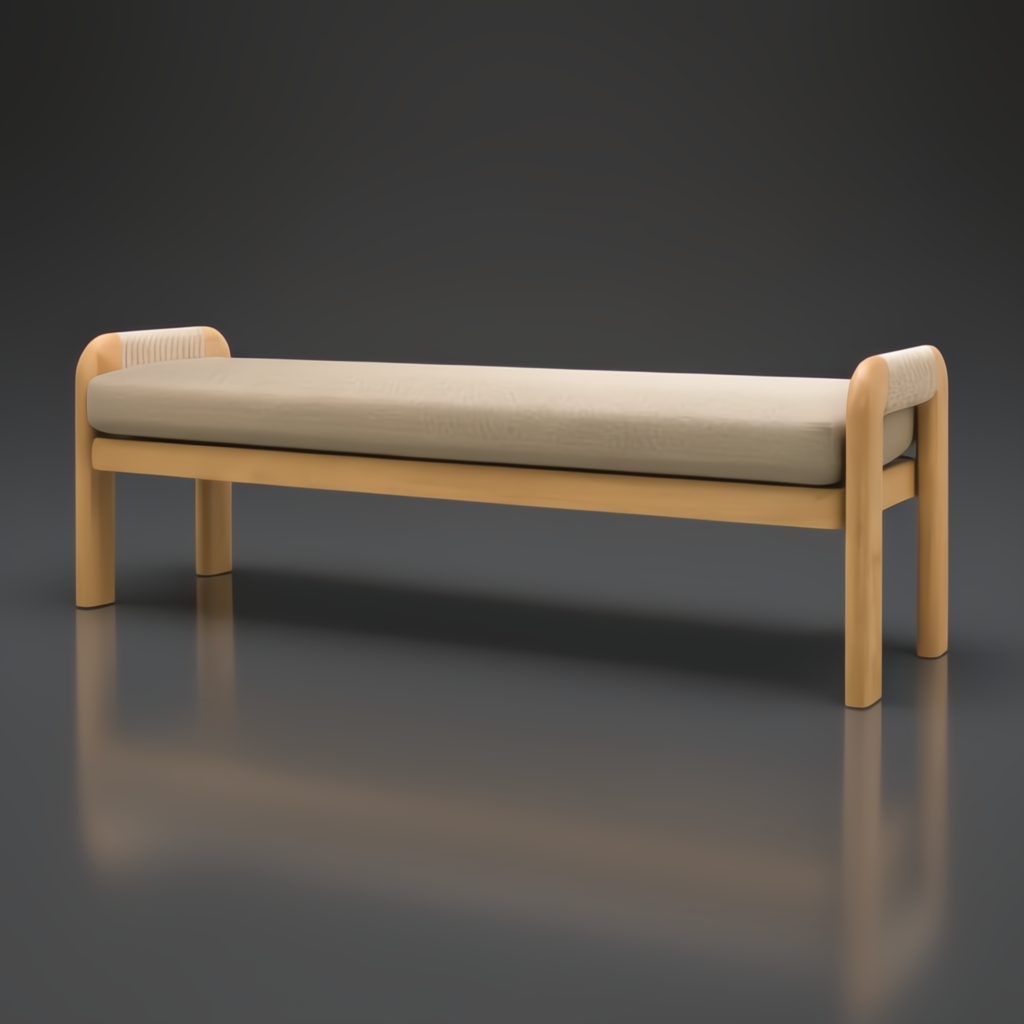 Surya Palma outdoor bench with light wood frame, woven armrests, and a long beige cushion.
