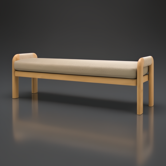 Surya Palma outdoor bench with light wood frame, woven armrests, and a long beige cushion.