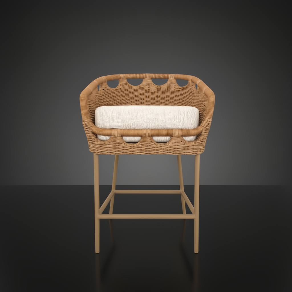 Surya Marvella counter stool with light brown woven rattan-style frame and cream cushion.