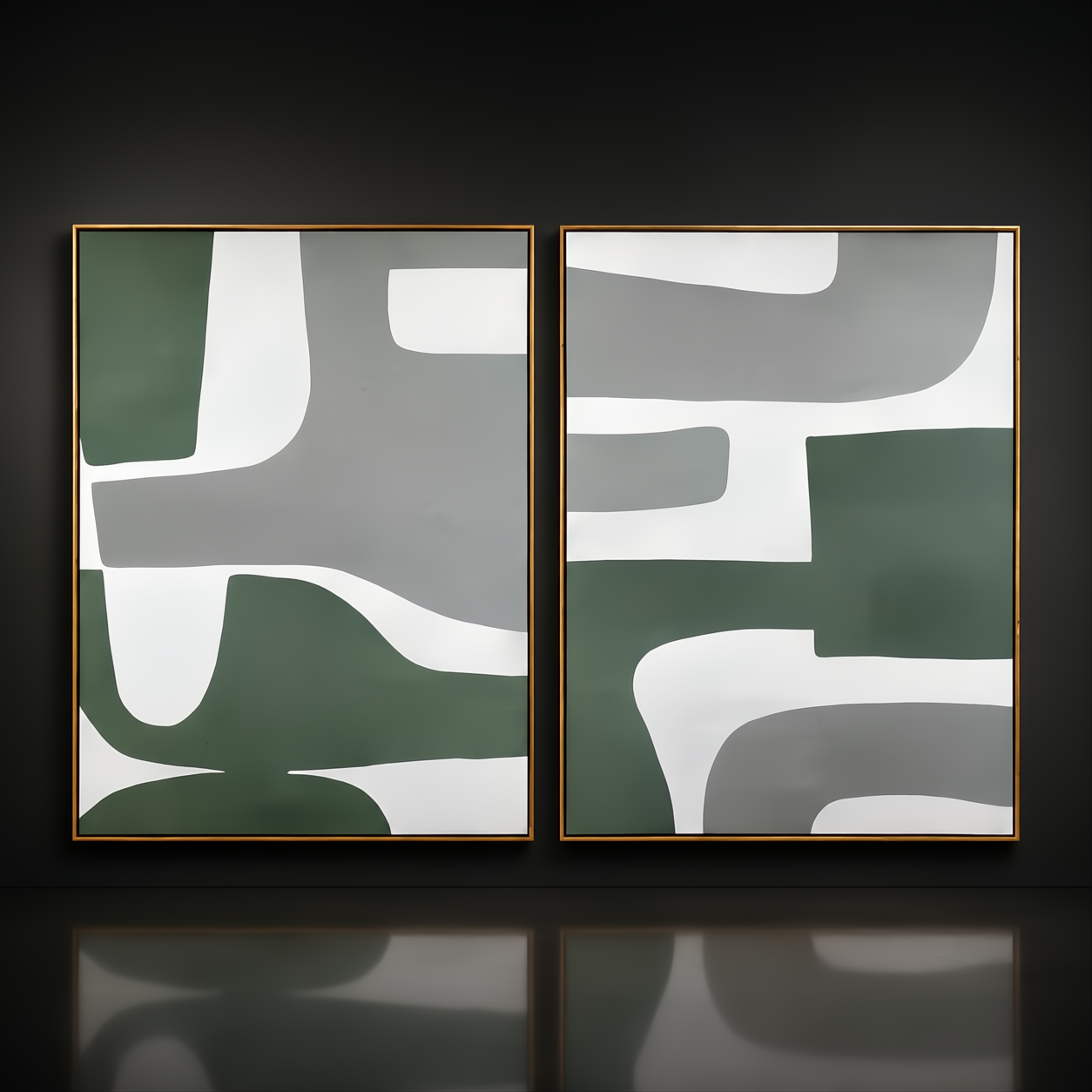 Surya Aasmaa AAM-008 hand-painted abstract wall art set with sage, gray, and white shapes in natural brown frames.