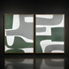 Surya Aasmaa AAM-008 hand-painted abstract wall art set with sage, gray, and white shapes in natural brown frames.