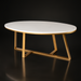 Surya Akola oval coffee table with a white natural marble top and a gold powder-coated iron base.